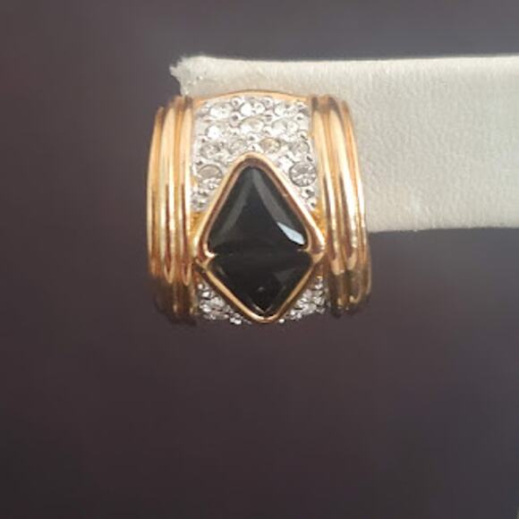 Swarovski Gold Plated Clip-on Earrings with Black and Clear Stones Swan Signed - Picture 6 of 7